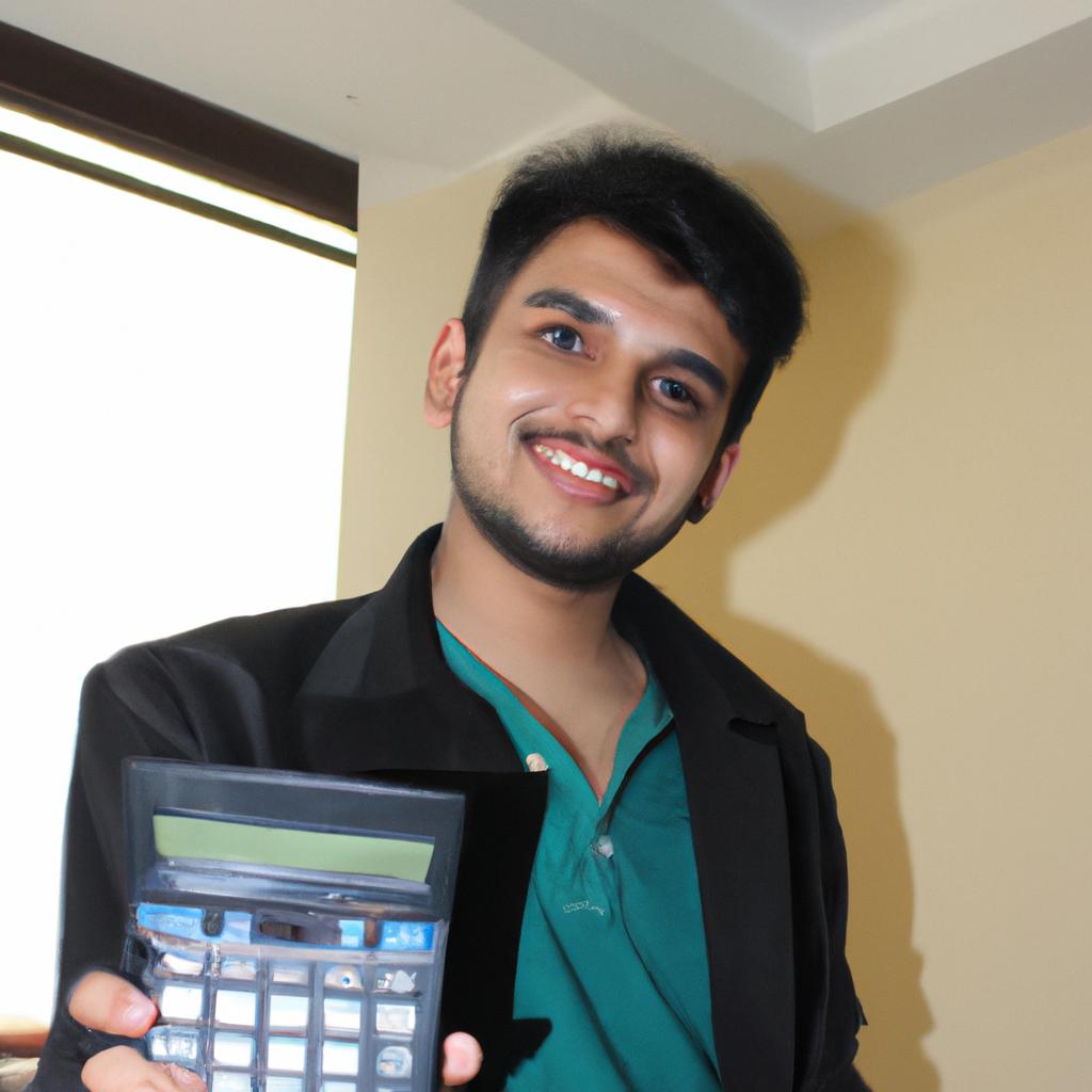 Person holding a calculator, smiling