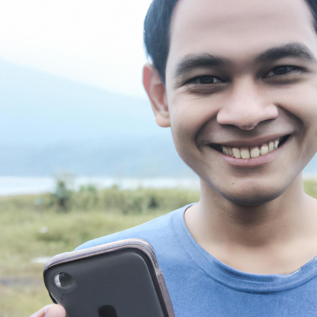 Person holding a smartphone, smiling