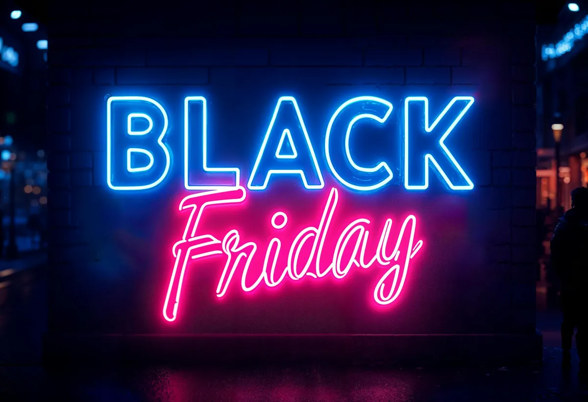 Black Friday sale signs in dramatic neon lighting
